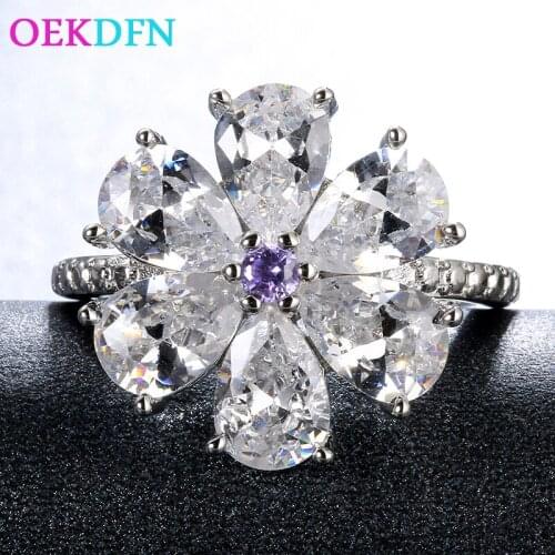 OEKDFN Trendy 100% 925 Sterling Silver Rings White Topaz Gemstone Wedding Engagement Cocktail Flower Ring Fine Jewelry Wholesale