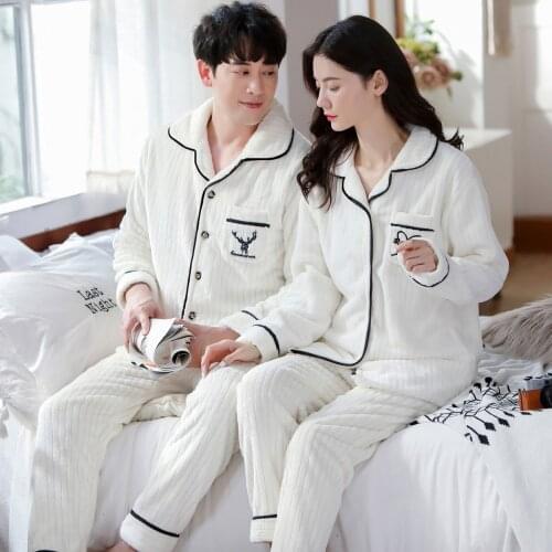 New Couple Pajamas Set Autumn Winter Soft Thicken Flannel White Pajamas Women Men Pyjamas Long Sleeve Sleepwear Lovers Pijama