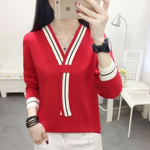 Pullover Sweater Autumn Spring Style Casual V-Neck Women Knitted Pullover Tops Lady Knitted