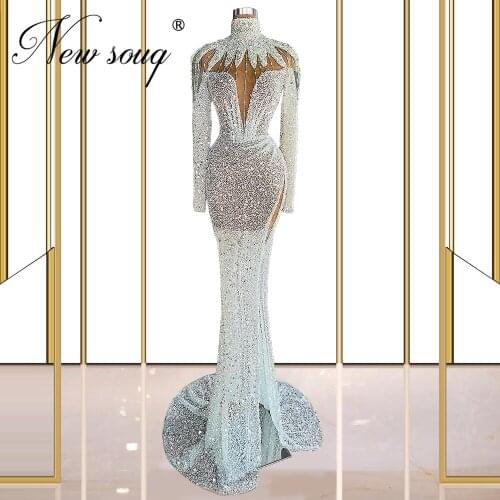 Dubai Design Mermaid Evening Dresses Arabic Muslim Middle East Long Sleeve Prom Dresses 2021 Robe De Soiree Beading Party Dress