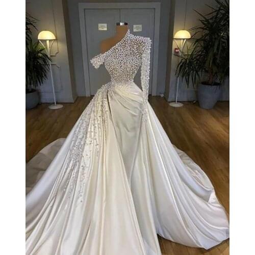 Gorgeous One Shoulder Sheath Wedding Dress Rhinestone Heavily Beaded Satin Bridal Dress