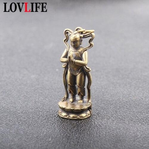 Vintage Pure Copper Lucky Boy Girl Buddha Statue Keychain Pendants Ornaments Brass Taoist Childrens Key Chain Rings Hanging Gift