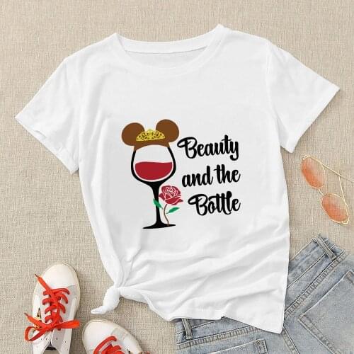Funny Beauty and the Beast Women T Shirt Disney Creative Harajuku Trend Lady Clothing Wine Glass Printed Cute T-Shirt For Girl