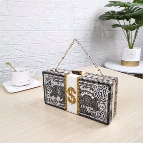 Boutique De FGG Stack of Cash Designer Box Handbags Women Money Clutch Purse Evening Bags Diamond Party Cocktail Purse Handbag
