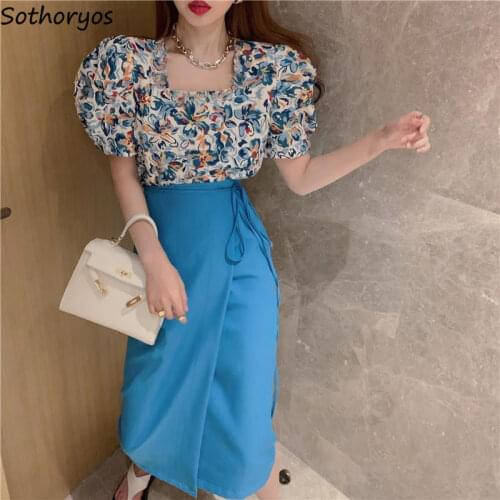 Women Sets Floral Shirts Puff Sleeve Square Collar Retro Sweet Lovely Tender Elegant Slim Mid-calf Skirts Asymmetrical Stylish