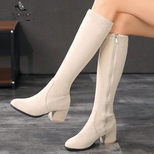 Sgesvier 2020 New arrival knee high boots thick high heels round toe ladies shoes winter black rice white color women boots