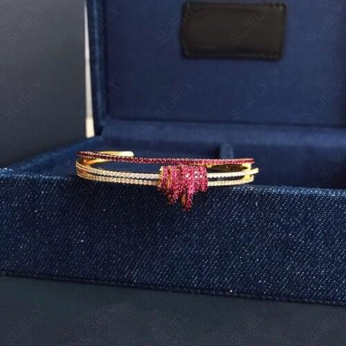 SLJELY Luxury Yellow Gold Color 925 Sterling Silver Red Sliding Multi Hoop Open Cuff Bracelet Pave Zircon CZ Bangle for Women
