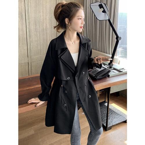 2021 New Loose Net Red Suit Collar Waist Casual Retro Trench Coat Womens Long Section Small Korean Version Loose