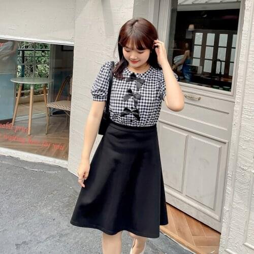 Womens Summer Round Neck Plaid Bowknot Stitching Dress Plus Size Knee Length Casual Wear 100 Kg Can Be Worn