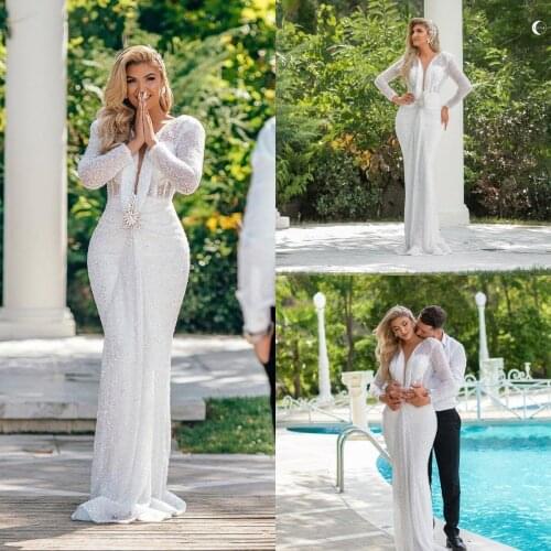 2021 Arabic White Mermaid Prom Dresses Luxury Beading Sequined Long Sleeve V Neck Women Plus Size Formal Evening Gowns