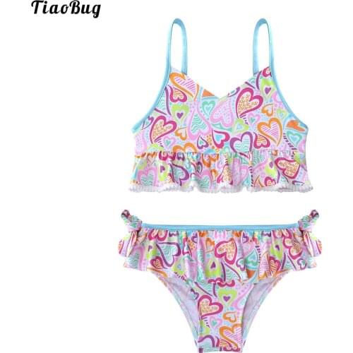 TiaoBug Summer 2Pcs Kids Girls Cute Print Swimsuit Adjustable Shoulder Strap V Neck Ruffle Crop Top Bikini Bottom Set Swimwear