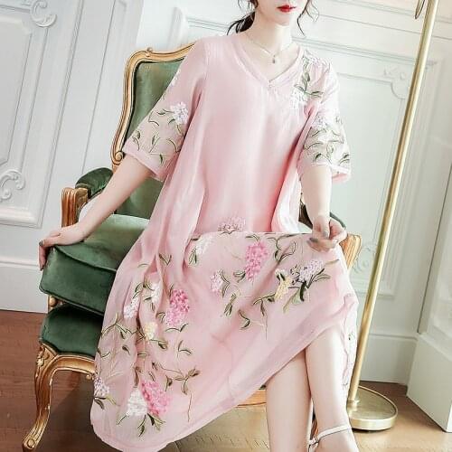 2019 Womens Female Summer V Neck Embroidery Loose Blue Dress , Flower Mid Calf Dresses for Woman , Women Clothes