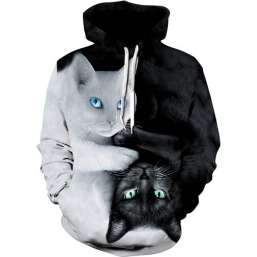 2020 fashion mens and womens casual sports long-sleeved hoodies cartoon animals black and white cat print womens hoodies