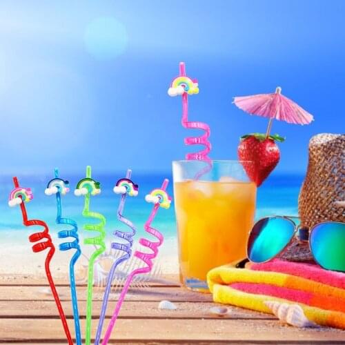 24pcs Colorful Disposable Plastic Curved Drinking Straws Party Rainbow Candy Cartoon Cocktail Straw Beach Party Decoration
