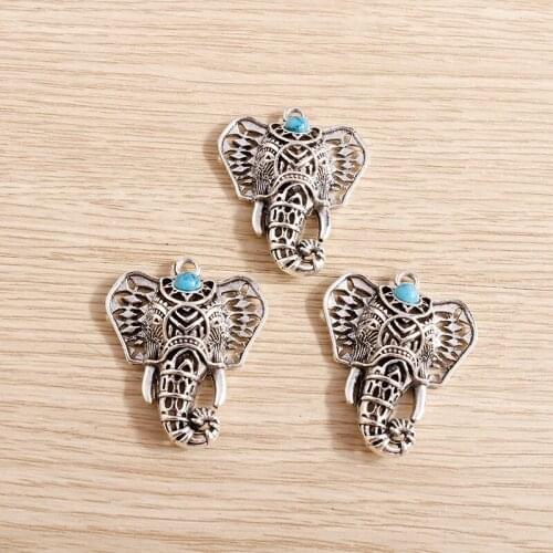 5pcs 30*36mm Bohemia Tibetan Silver Color Hollow Animal Elephant Charms for Necklaces Natural Stone Charms Jewelry DIY Making