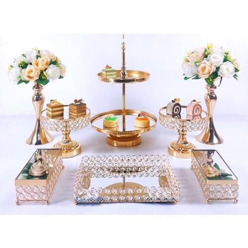8pcs Crystal Metal Cake Stand Set Acrylic Mirror Cupcake Decorations Dessert Pedestal Wedding Party Display Tray
