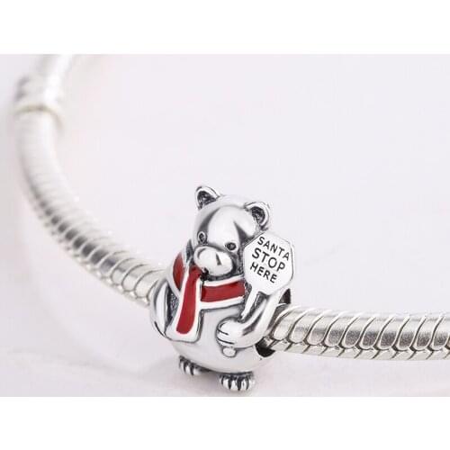 925 Sterling Silver Christmas Gift Red Scarf Polar Bear Pendant Charm Bracelet DIY Jewelry Making For Original Pandora
