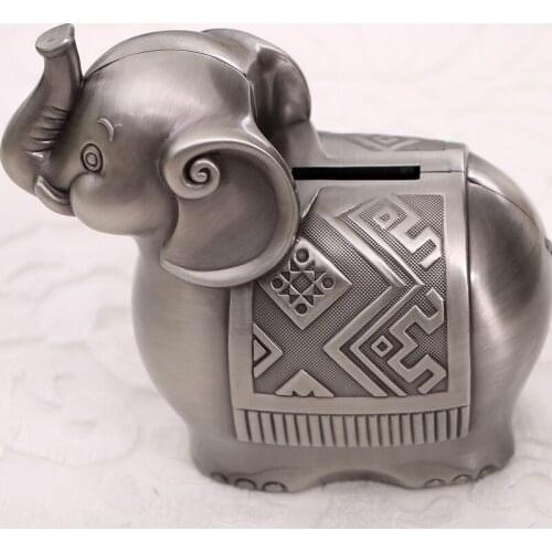 Antique Silver Finish Elephant Shaped Metal Bank Box