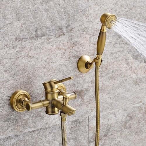 Antique Bathroom Shower Faucet Hot Cold Bathtub Mixer Crane Tap Wall Mount Brass Material bamboo bath set