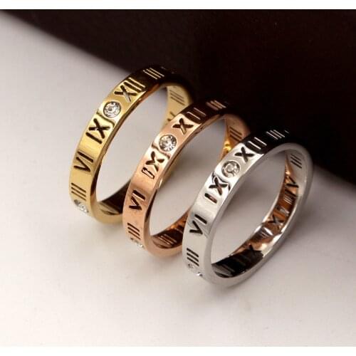 Fashion Crystal Stone Rings for Women Stainless Steel Roman Number Design Rose Gold Color Women Rings for Wedding Jewelry
