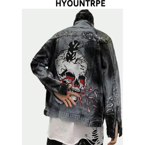 Mens Hip Hop Skull Graffiti Denim Jacket and Coats High Street Swag Outerwear Zipper Sleeve New Fashion Streetwear Jean Jackets
