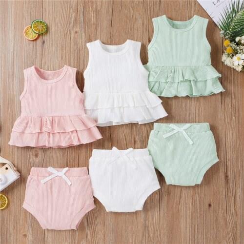 2Pcs Baby Girl Summer Outfits, Solid Color Sleeveless Ruffle Tank Tops + Bow Shorts Set