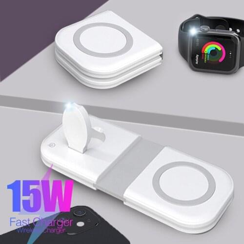 15W Magnetic Wireless Charger Mobile Phone Foldable Dual-Charge Cell Adapter For Apple Airpods Watch 6 5 4 For iPhone 12 Pro Max