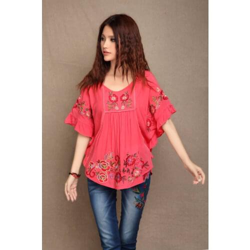 Fashion Vintage Ethnic Loose O Neck Collar Batwing Sleeve T Shirt Boho Gypsy Top Free Size Clothing Free Shipping