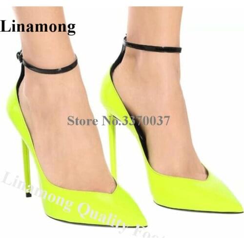 Linamong New Neon Yellow Stiletto Heel V-open Pumps Patent Leather Ankle Straps Patchwork High Heels Formal Dress Wedding Shoes
