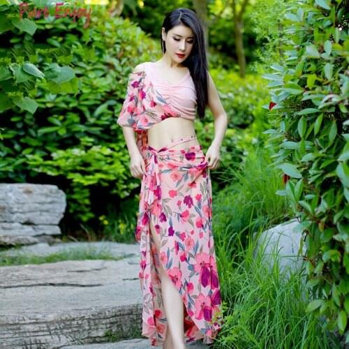 New Women Fashion Bellydance Oriental Costumes Set Top printing Skirts Split Practice Clothes Top Skirt Professional Belly Dance