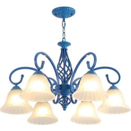 110V/220v E27 Wrought Iron Blue Chandelier Suspension Glass Lampshade Led Vintage Home Lighting Room Chandeliers for Kitchen