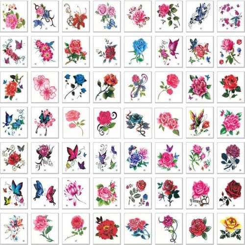 100pcs Temporary Tattoo Stickers Flowers Cat Arms Feet Tattoo Colorful Body Art Waterproof Rose Fake for Kids and Women