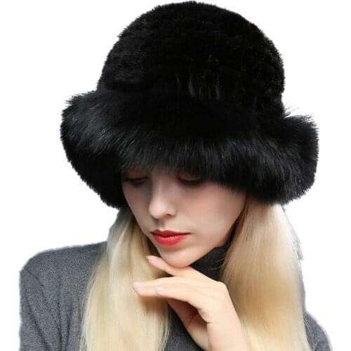 Noble Women Genuine Real Mink Fur Cap With Big Fox Fur Brim Ladies Winter Warm Top Hats Hand-Woven Fluffy Soft 4Colors