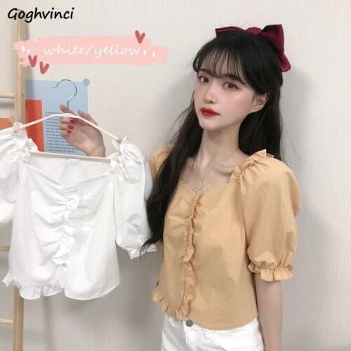 Shirts Blouses Women Puff Sleeve Cropped Tops Ruffles Solid Sweet Girls Ulzzang Ladies All-match Soft Loose Casual Stylish Chic