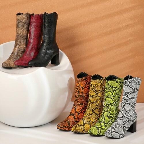 Big Size Womens Shoes 44 45 Fashion Zipper Snake Print Women Mid Calf Boots LadiesThick High Heel Autumn Winter Short Boots