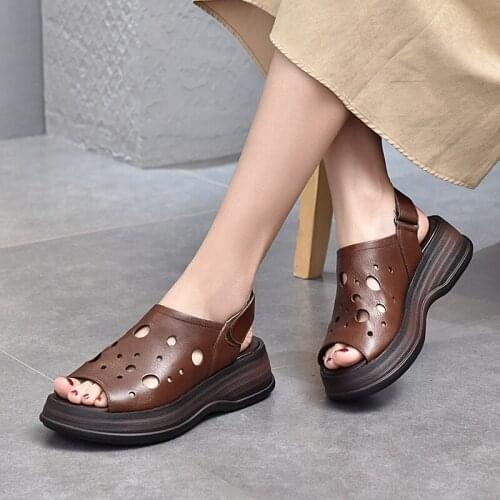2021 Summer Thick-soled Retro Womens Shoes Leather Hollow Sandals Trifle with Fish Mouth Roma Shoes Genuine Leather Wedges