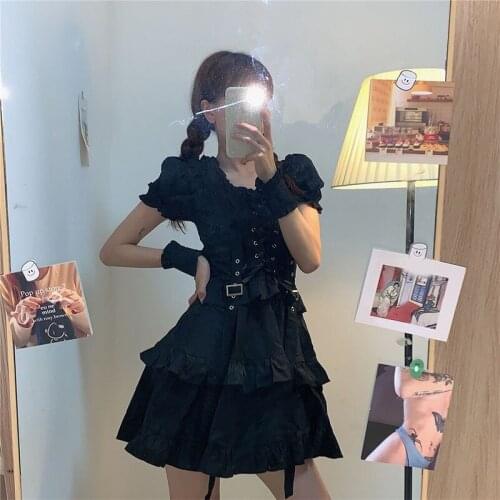Womens Gothic Lolita Dress Goth Punk Sweet Harajuku Mall Pop Style Bandage Black Dresses Summmer Puff Sleeve Girls Clothes