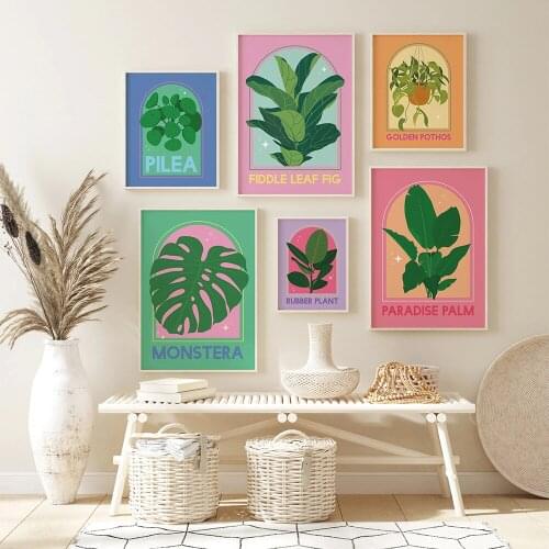 House Plants Poster Print Abstract Monstera Leaves Pilea Rubber Fiddle Leaf Canvas Painting Modern Room Wall Art Pictures Decor