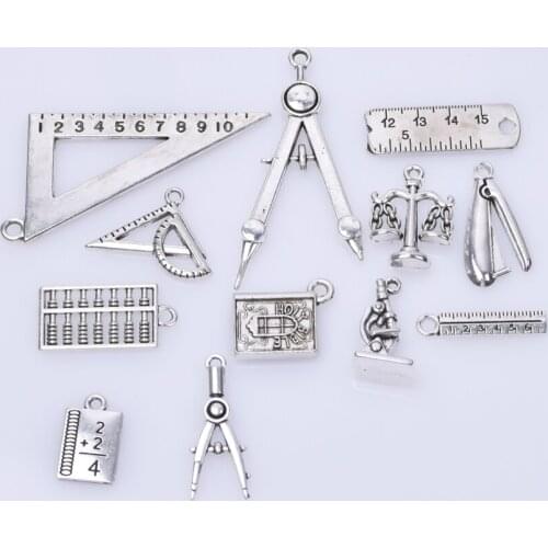 12pcs Rulers Compass Learning Tools Alloy Charms For Jewelry Making Supplies DIY Statement Necklace Earrings Charm Accessories