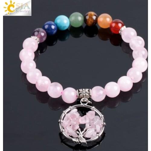 7 Chakra Pink Quartz Tree of Life Bracelets & Bangles for Women Gem Natural Stone Bracelet Mala Beads Meditation Healing E910