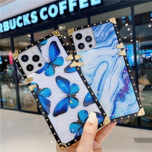 Luxury blue butterfly Square phone case For iphone 11 12 Pro Max 7 8 Plus X XS Max XR marbling women fashion phone cover