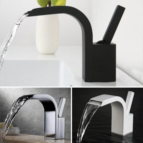 Black Kitchen Sink Taps Brass Hot and Cold Water Faucet Wash Basin Waterfall Outlet Three Split Seat White Faucet Set