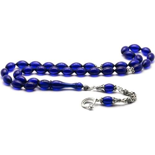 Rosary with 925 Sterling Silver Tassel and Barley Cut Blue Amber Stone Natural Stone Beads Prayer Islamic Muslim Tasbih