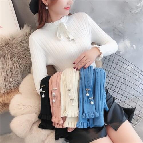Zoki Elegant Women Sweater Autumn Bow Knitted Pullover Long Sleeve Ruffles Jumpers Slim Korean Elastic Ladies Basic Tops 2020