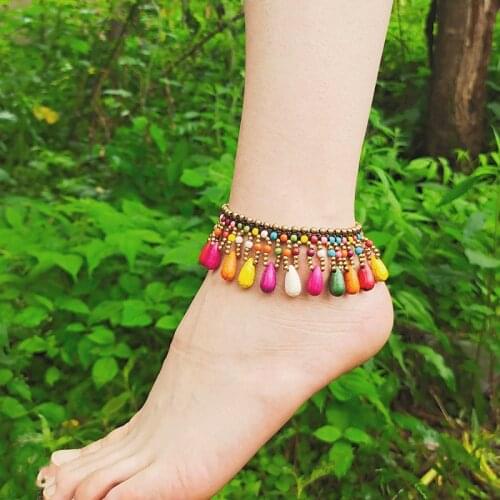 European and American Bohemian Style Semi-precious Stone Womens Anklet Wax Thread Hand-woven Beach Vacation Female Anklet