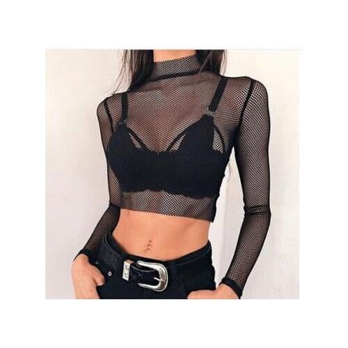 Brand New Sexy Women Fish Net Details Low collar Long Sleeve Swimwear Ladies See Through Tee Shirt Top Cover Up