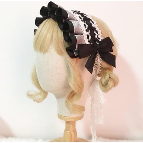 Japanese Lolita Maid Cosplay Headdress Ruffled Crisscross Bowknot Hairband Sweet Floral Lace Ribbon Party Hair Accessory