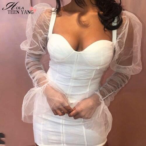 HolaTeenYang Women Dress Mesh Patckwork Push Up Bodycon Slim Dress Sexy Long Sleeves Ruched Bandage Party Solid Vestidos 2020