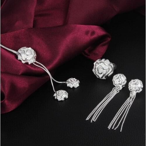 Lady 925 sterling Silver elegant rose flower necklaces earrings rings for women Jewelry set fashion Party wedding Christmas gift