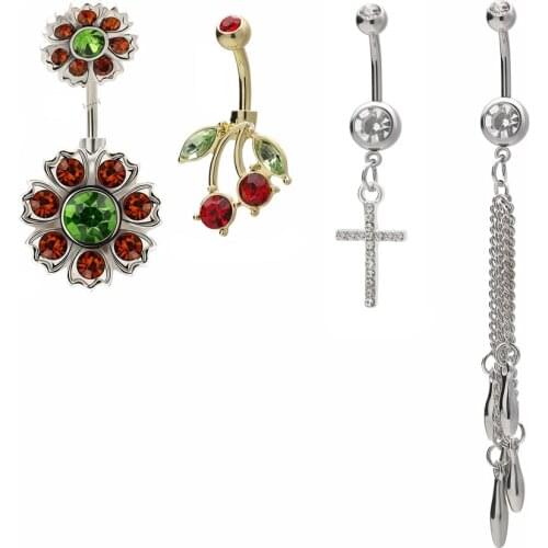 Trendy Zircon Flower Cherry Belly Button Rings Cross Chain Pendant Stainless Steel Navel Piercings Women Body Jewelry